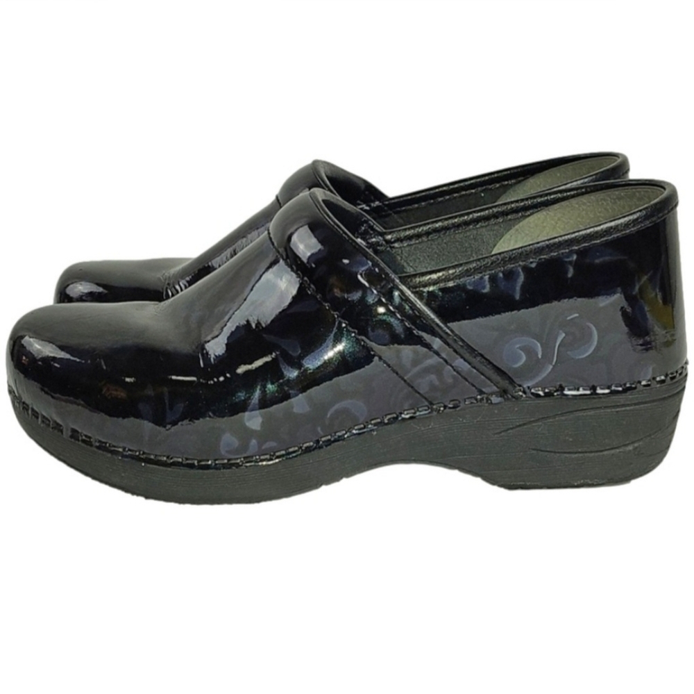 Dansko XP 2.0 Leather Shiny Black Blue Floral Print Professional Comfort Clog - Picture 3 of 16